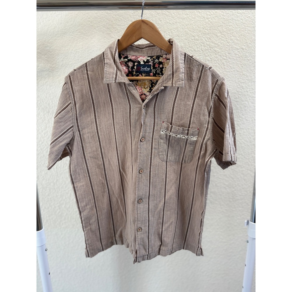 Seahop Mens Short Sleeve Button‎ Up Shirt Beige Striped Floral Lining Size L
